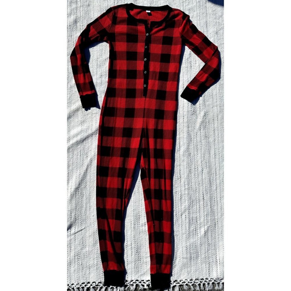Old Navy Union Suit Small Red Black Plaid Thermo Christmas Henley Y2K Adults - Picture 2 of 8